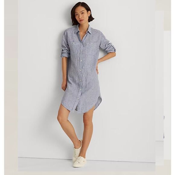 Lauren Ralph Lauren Blue Stripe Linen Shirt Dress Size XXL - Picture 1 of 17